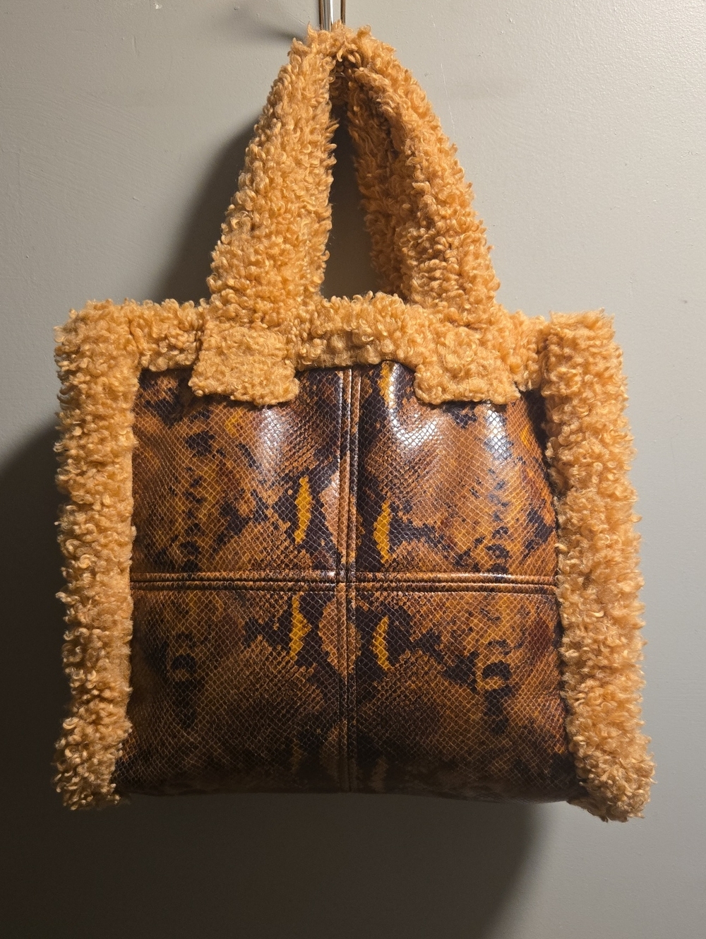Stand Studio Snake-Print Vegan Leather Tote with Camel Shearling Trim